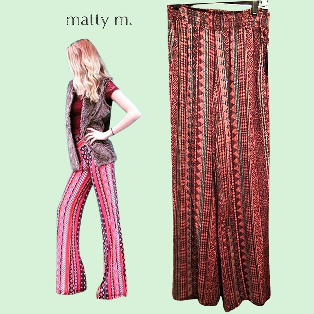 MATTY M NEW Bohemian Tribal Stripe Smock-Elastic Waist Wide Leg Pant S